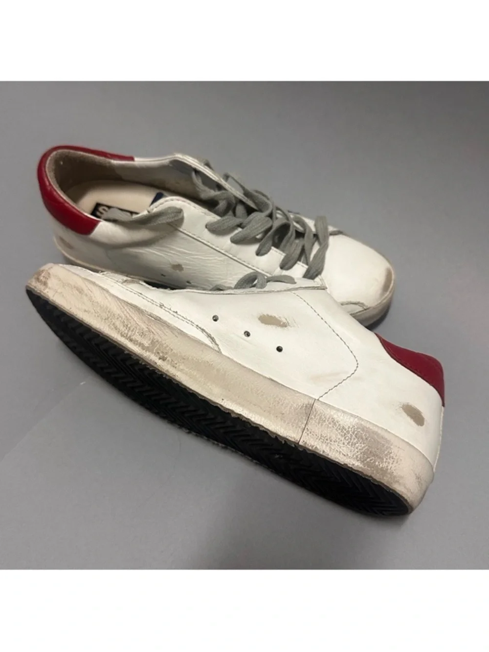 Golden Goose Style White Leather Sneakers with Blue Glitter Star & Red Heel - Picture 5 of 11